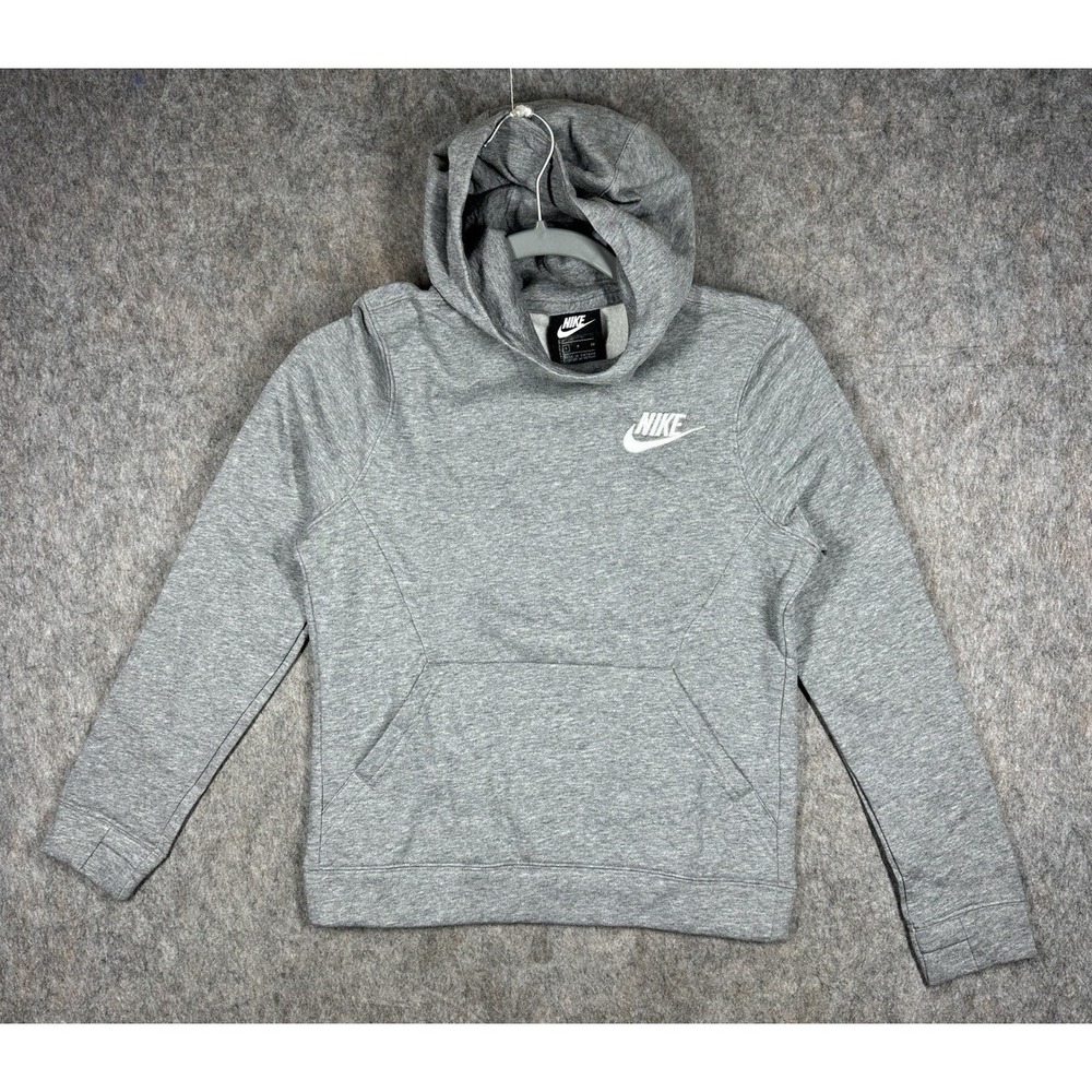 Nike Hoodie Boys Medium Gray Fleece Pullover Swoosh Kangaroo 939642-091
